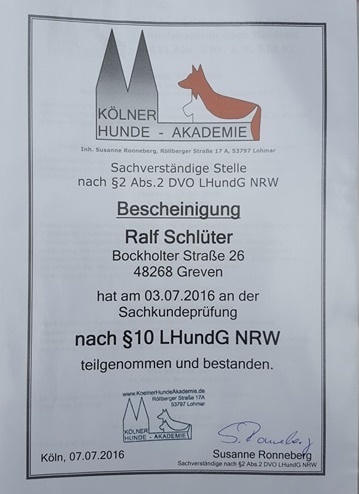 Ralf Schlüter Sachkundeprüfung nach § 10 LHundG NRW 2016