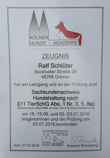 Ralf Schlüter Sachkundeprüfung Hundehaltung nach § 11 TierSchG  2016